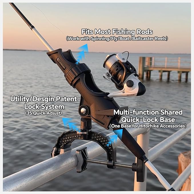 Hitorhike Fishing Rod Holder with Aluminum Alloy Base and One-Click Lock System Fits Round Square Tubes 0.59"~4.53" Enlarged Clamp Range for Boat Kayak Fishing