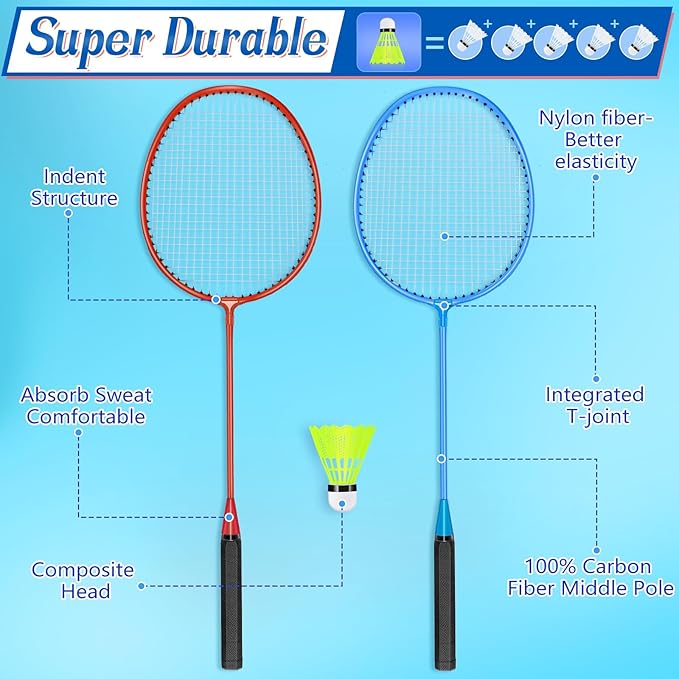 12 Pack Badminton Rackets Set Including Badminton Racquets, Nylon Shuttlecocks and Carry Bag for Outdoor Backyard Games Beginners
