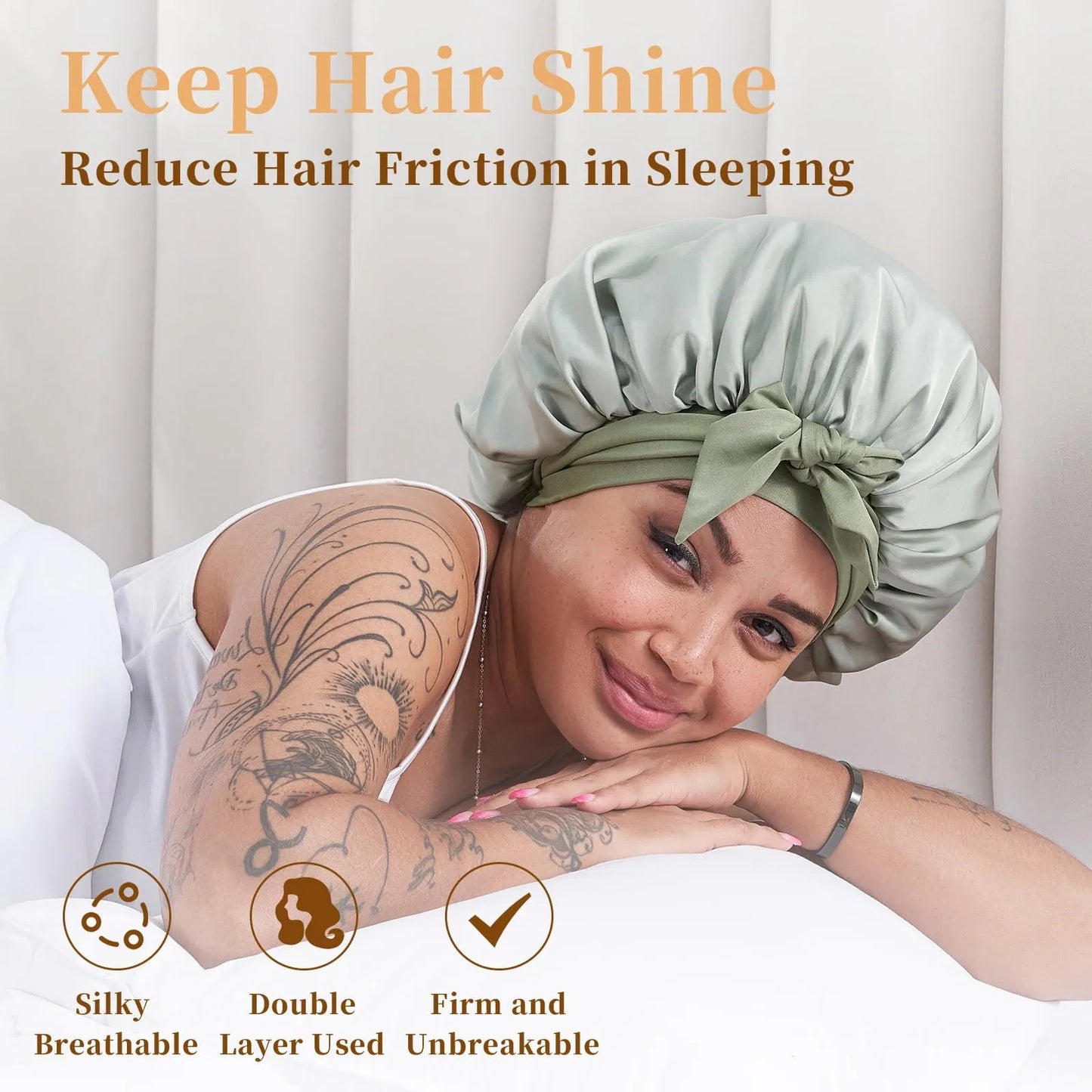 就寝用シルクボンネット（女性用）、就寝用サテン製ヘアボンネット（波状、巻き毛、天然パーマの女性・男性向け）- グリーン