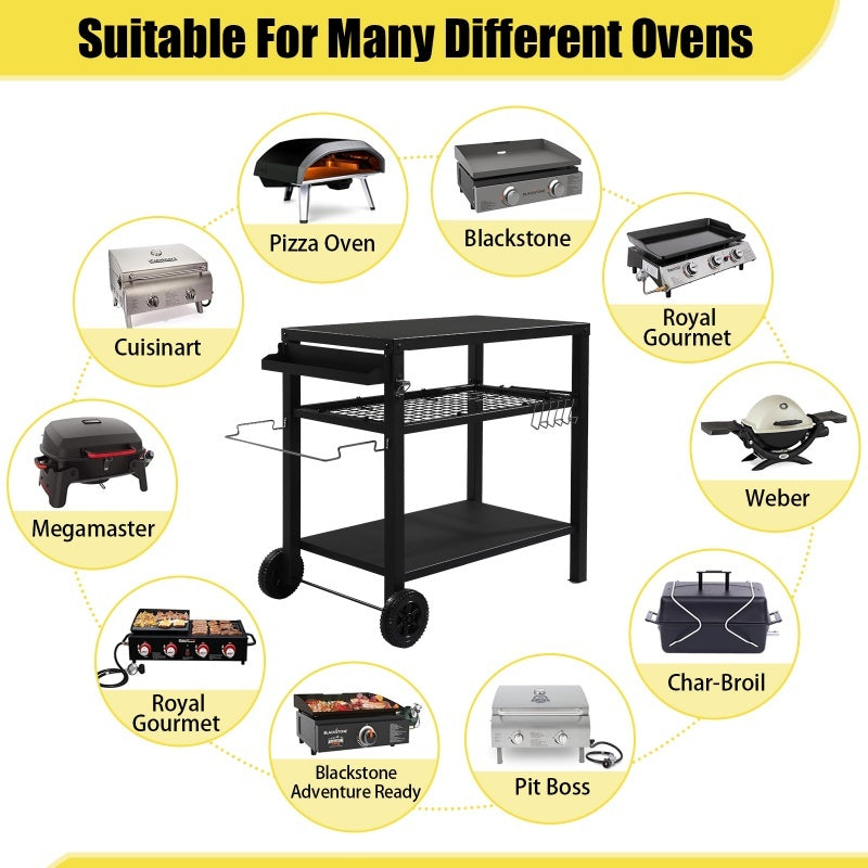 All Black Iron Movable Barbecue Cart With Mesh Basket