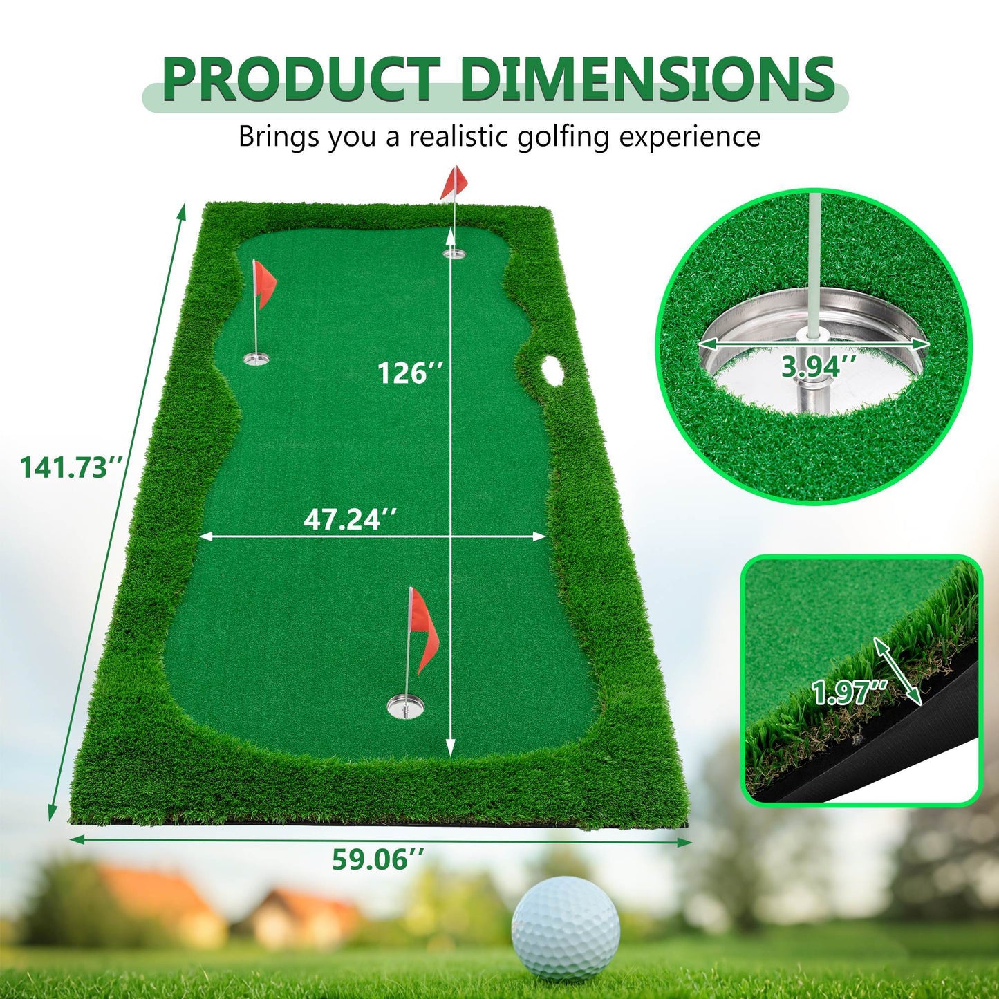12x5 FT Golf Putting Green, Golf Training Mat With High-quality Turf, 3 Holes, 3 Flags And Cups For Indoor Outdoor