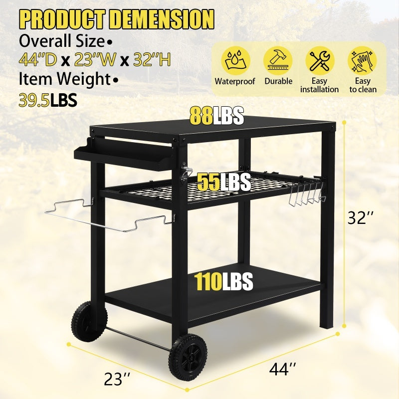 All Black Iron Movable Barbecue Cart With Mesh Basket