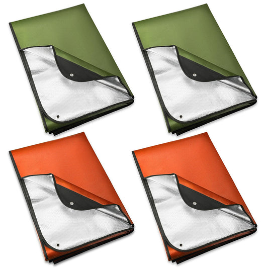 Kanayu 4 Pcs Emergency Blankets Thermal Survival Blankets 82 x 60 Inch Heavy Duty Emergency Poncho Tarp Reusable Waterproof Emergency Blanket for Car Camping Hiking(Olive Green Orange)