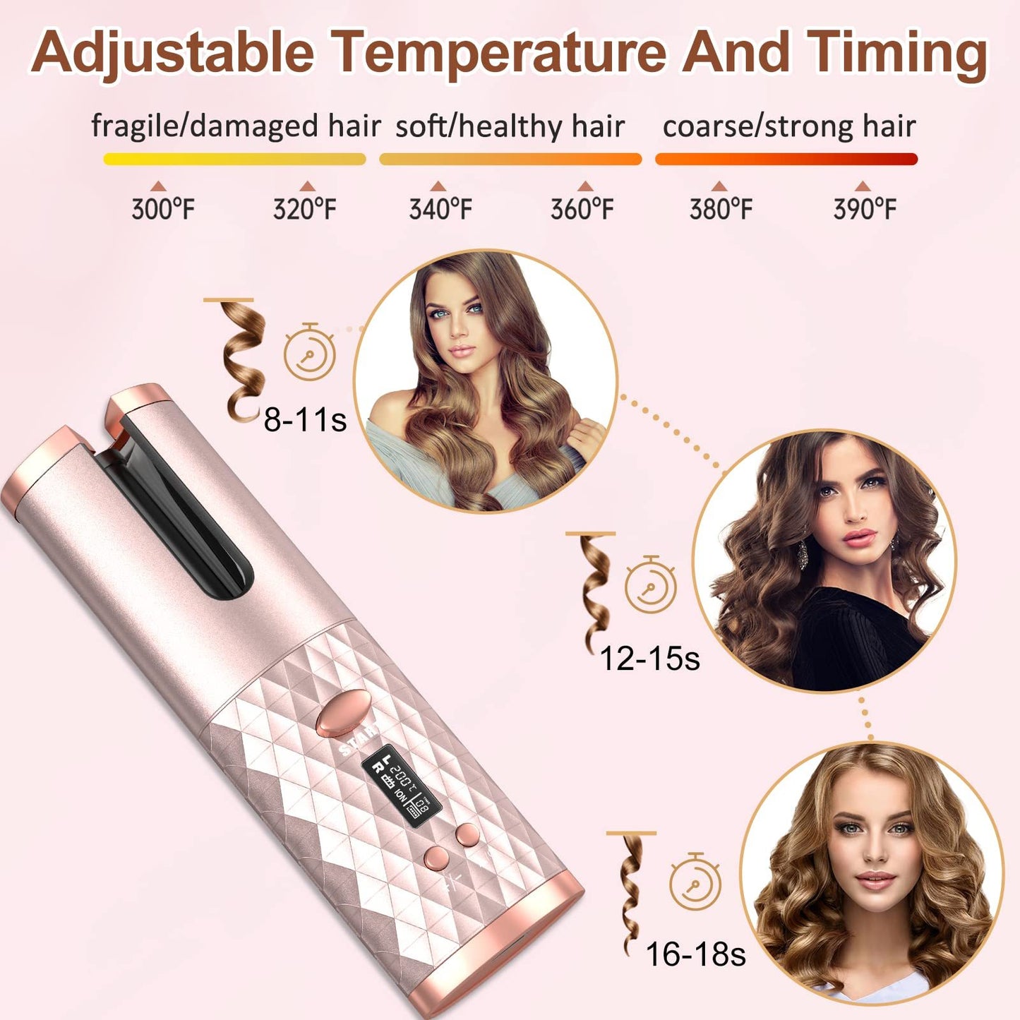 ポータブル自動ヘアアイロン、セラミック回転式コードレス自動カーリングアイロンワンド、ヘアスタイリング用ポータブルUSB充電式スピンカーラー