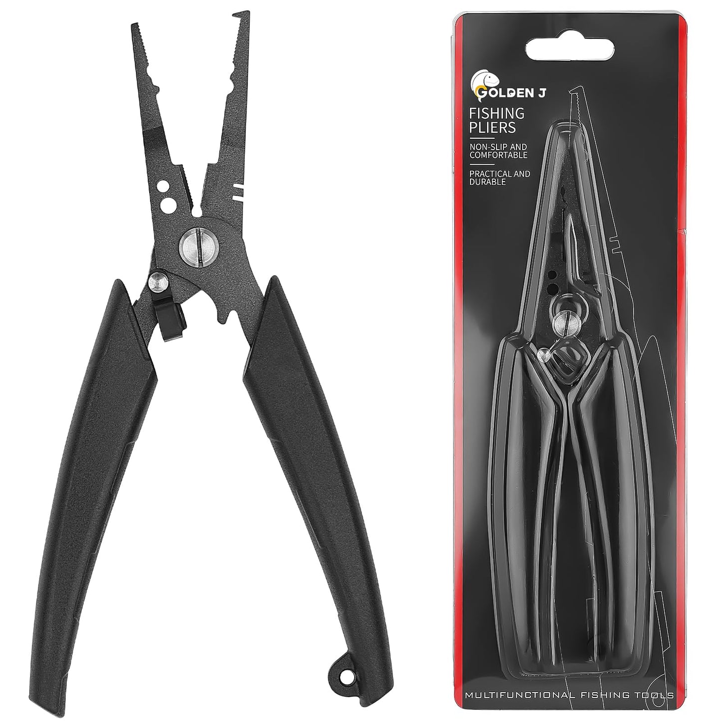 Golden J Teflon Fishing Pliers Multi-Function Hook Remover-Split Ring Pliers PE/Braided Line Cutter Saltwater Resistant Fishing Gear for Ice Fishing Surf Fishing Ideal for Anglers