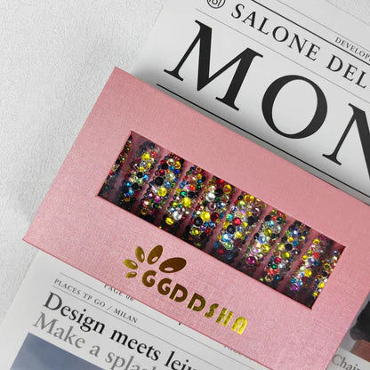 GGddsha 2025 ロングネイルデザイン 再利用可能 PMMAアクリルバロックガラススタイル プレスオンネイルボックス付き 女性用ギフト、モザイクミラージュ