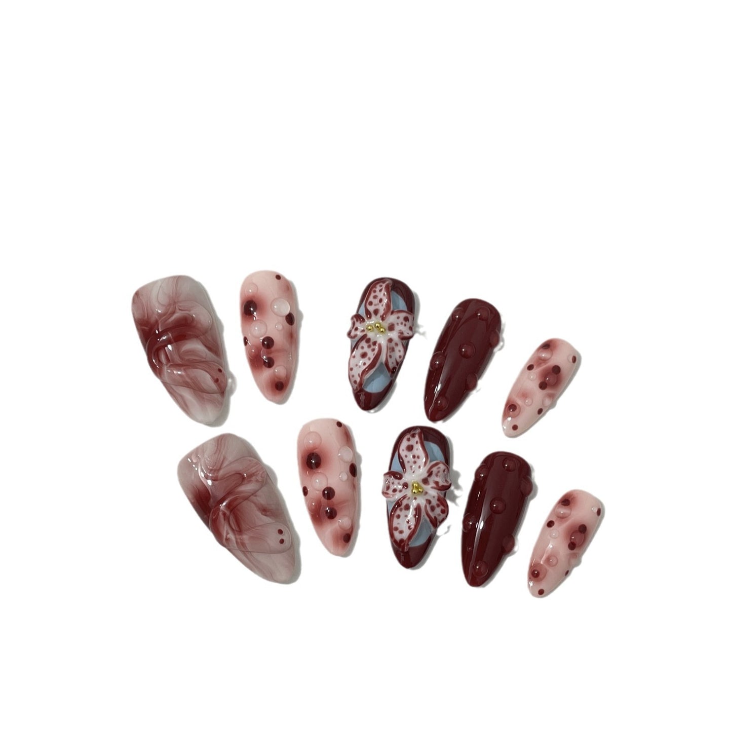 Blooming Hand-painted Three-dimensional Carved White High-grade Mid-length Manicure