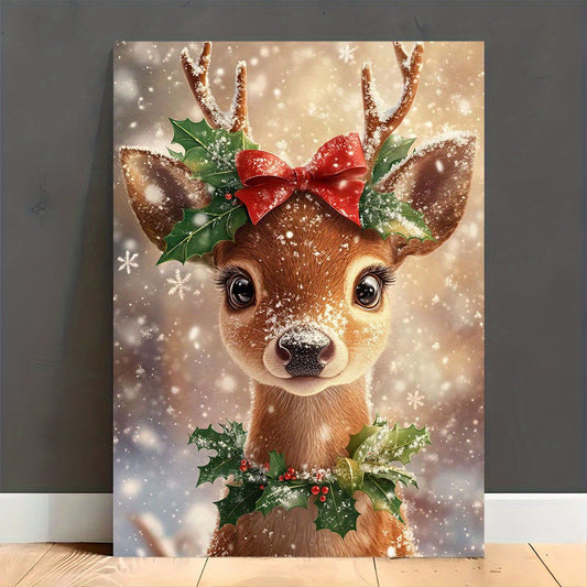 1 Christmas Reindeer Wall Decoration With Red Bow And Snowflakes - Woven Wooden Frame Canvas, Suitable For Wedding, New Year, Thanksgiving, And Valentine's Day Festive Decoration
