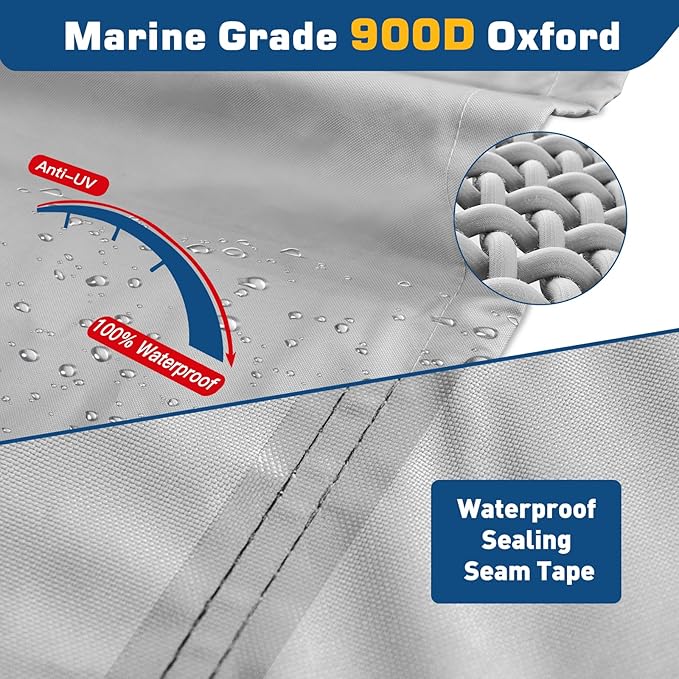 Wake Tower Boat Cover - 900D Marine Heavy Duty Waterproof, Fits 23-25ft V Hull Runabout Ski-Boats, Gray