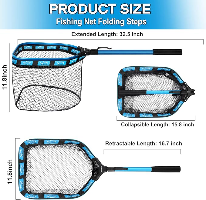 PLUSINNO Floating Fishing Net for Steelhead, Salmon, Fly, Kayak, Catfish, Bass, Trout Fishing, Rubber Coated Foldable Landing Net with Fixed or Telescoping Pole Handle, Fishing Gear and Gifts for Men