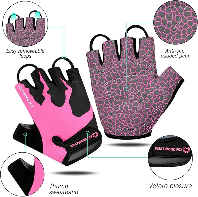 WESTWOOD FOX Cycling Gloves Half Finger Unisex Padded Grips Palm Bicycle Summer MTB Bike Gloves for Men Women Non-Slip Fingerless Short Mountain Bike Sports Hiking Climbing Gym