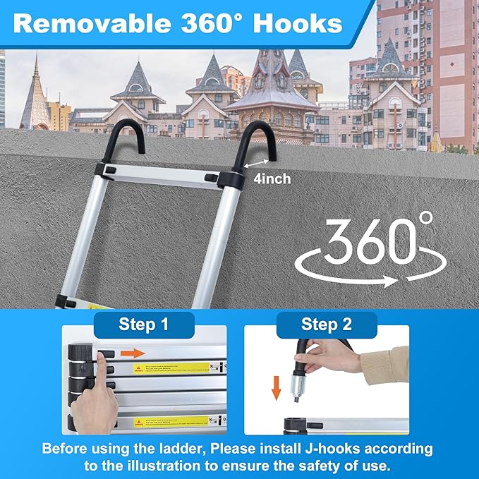 12.5 ft Aluminum Telescoping Ladder, 330 lb Load, Hooks, Portable Collapsible Ladder for Home & Work,Silver