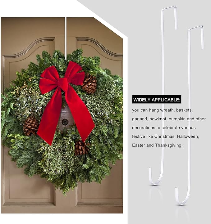 Hotop 15 Inch Wreath Hangers for Front Door Wreath Doors Hangers Steel Material Clothes Towel Hooks Holder Over The Door Hanger Hooks 2 Pcs for Christmas Halloween Front Decorations(White)