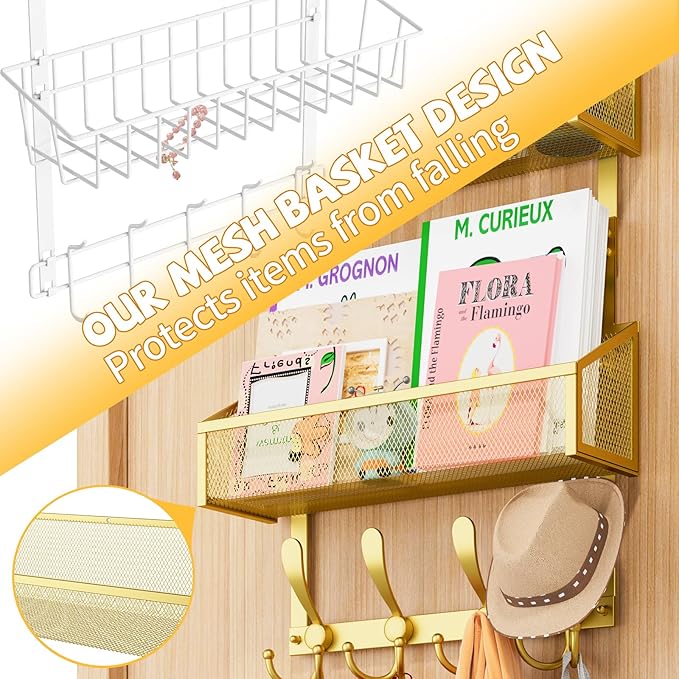 Over The Door Hooks Organizer, Coat Rack Over The Door Storage Hanger Towel Rack, Back of Door Storage Organizer for Bathroom,Bedroom,Kitchen,Office (Gold, 4-Tier)