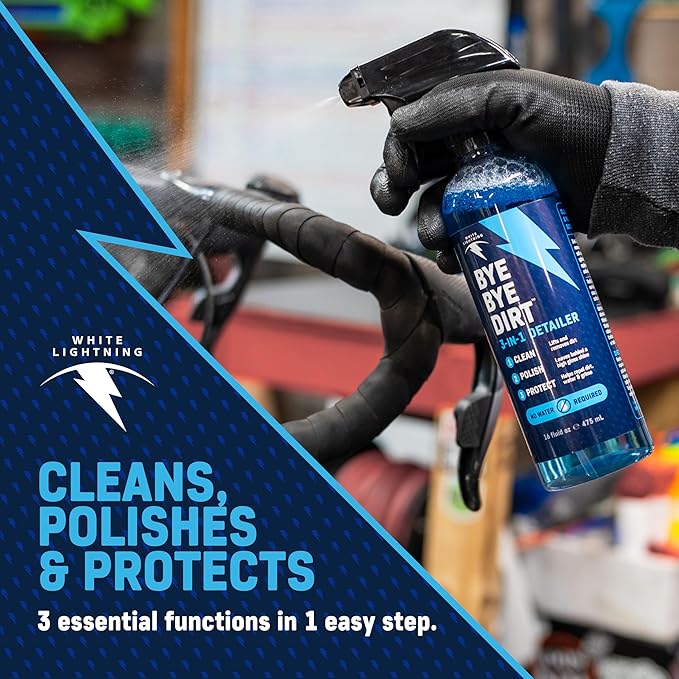 White Lightning Wet Weather Bike Care Kit – Complete Bicycle Cleaning and Maintenance System with Epic Ride All-Conditions Chain Lube, Clean Streak Degreaser, and Bye Bye Dirt 3-in-1 Detailer