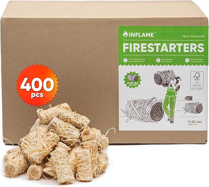 Inflame ファイヤースターター 400個入 キャンプファイヤー、グリル、BBQ、暖炉、薪ストーブ用 - チャコールスターター - 防水、耐候性 - 天然木製暖炉スターター