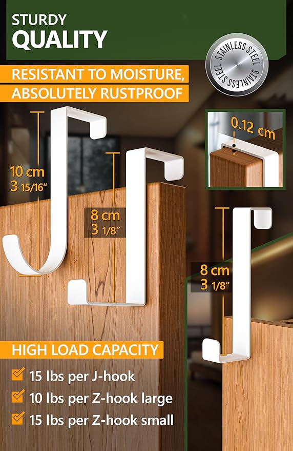 Over the Door Hooks 6+2+2 Cruise Must Haves Set, White - Coat Hanger 6 pcs fits 1 3/8" + Towel Holder 2 pcs fits up to 1 3/4" + Cabinet Hooks 2 pcs with Anti-Scratch & Non-Slip Pads