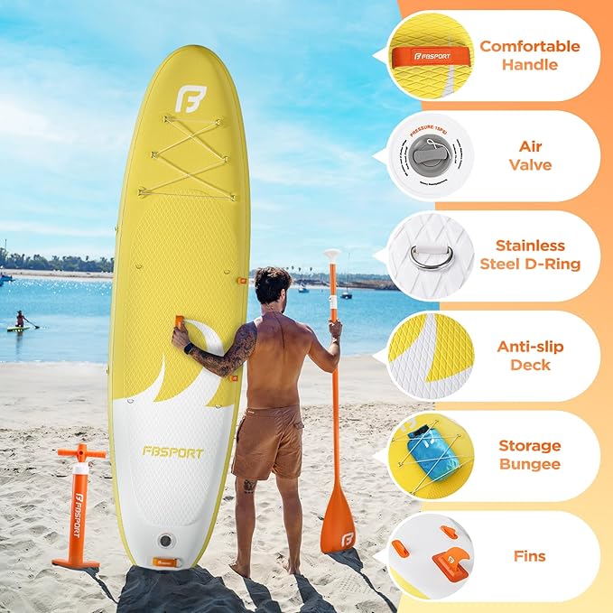 FBSPORT 11' Premium Stand Up Paddle Board, Yoga Board with SUP Accessories & Carry Bag | Wide Stance, Surf Control, Non-Slip Deck, Leash, Paddle and Pump for Youth & Adult