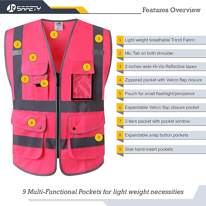 JKSafety 9 Pockets Class 2 High Visibility Zipper Front Safety Vest With Reflective Strips, Meets ANSI/ISEA Standards (XX-Large, 150-Pink)
