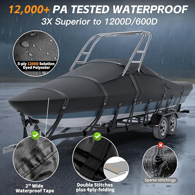 Tuszom 1200D 100% Waterproof Ski & Wakeboard Tower Boat Cover Tear-Proof Trailerable Full Size Boat Cover for Boats with Ski Or Wakeboard Towers (Black, 22'-24'L, Beam Width to 116" W)