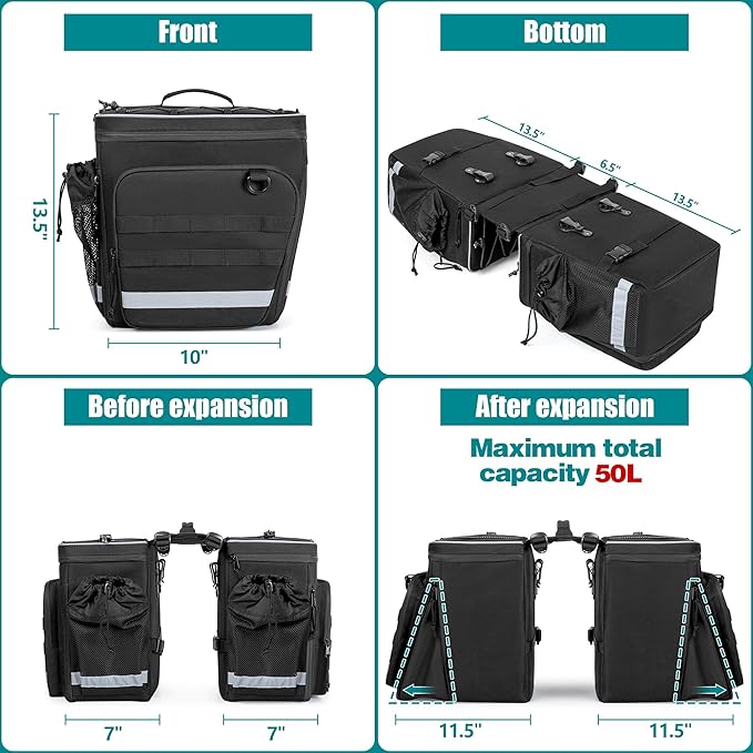 Marscamd 50L Bike Panniers with a Rain Cover, Bike Saddle Bag with Expandable Compartment and Multiple Pockets, Black