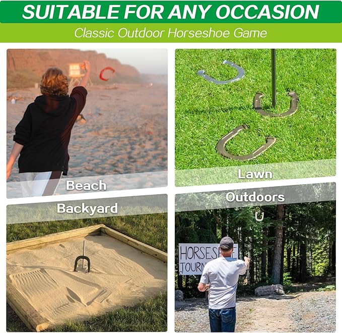 Horseshoes Outside Game - Steel Horseshoe Set - Yard Game Kit with 4 Heavy Duty Horseshoes, 2 Solid 24" Stakes & Carrying Bag - Classic Lawn Games for Adults, Backyard, Camping