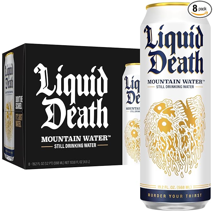 Liquid Death、スティルマウンテンウォーター、8缶パック（19.2液量オンス缶）、天然山の源水、無限にリサイクル可能な冷たい缶、アメリカ製