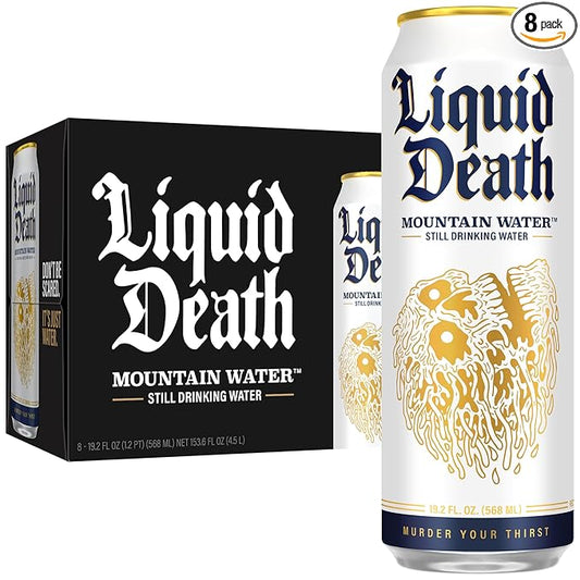 Liquid Death, Still Mountain Water, 8-Pack (19.2oz Cans), Real Mountain Source, Infinitely Recyclable Ice-Cold Cans, American Made