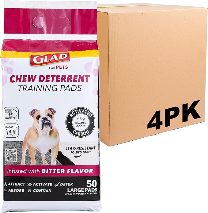 Glad for Pets Activated Carbon Puppy Training Pads with Chew Deterrent and Attractant, Odor Control, 23 x 23 Inch Disposable Dog Pee Pads, 6-Layer Leak-Resistant Potty Pads, 50 Count - 4 Pack