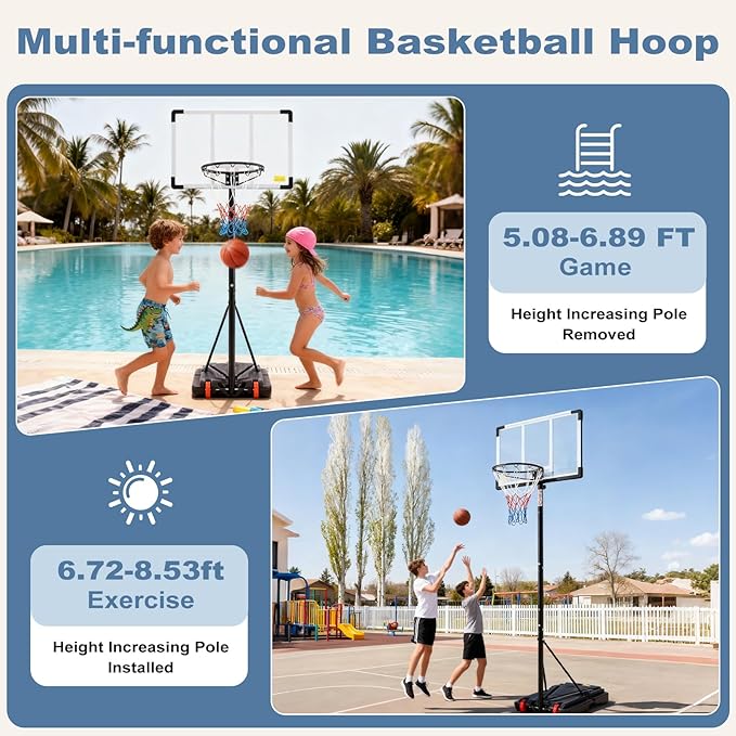DUMOS 10FT Adjustable Height Portable Basketball Hoop Outdoor for Adult, 44 Inch Shatterproof Backboard w/Shock Absorbent Rim, Fillable Base, 2 Wheels for Swimming Pool/Indoor