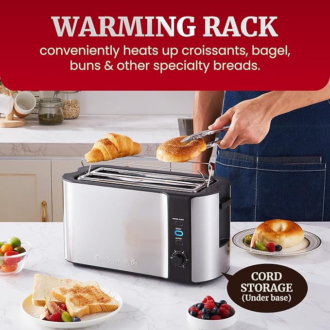 Elite Gourmet ECT-3100 4-Slice Long Slot Toaster | Extra Wide Slots for Bagels, Sourdough & Texas Toast | 6 Browning Settings | Reheat, Defrost & Cancel | Built-In Warming Rack | Stainless Steel