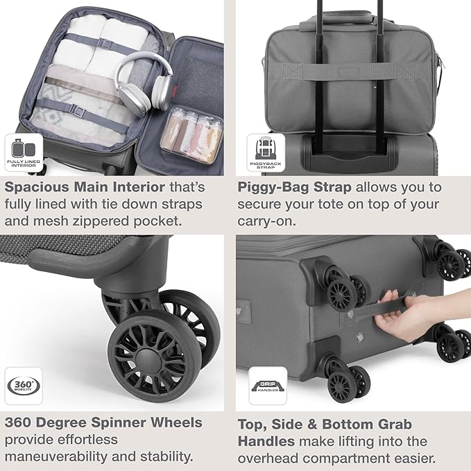 U.S. Traveler リオ 軽量ソフトサイド ローリングキャリーオン スーツケース 4輪シングル ライトグレー