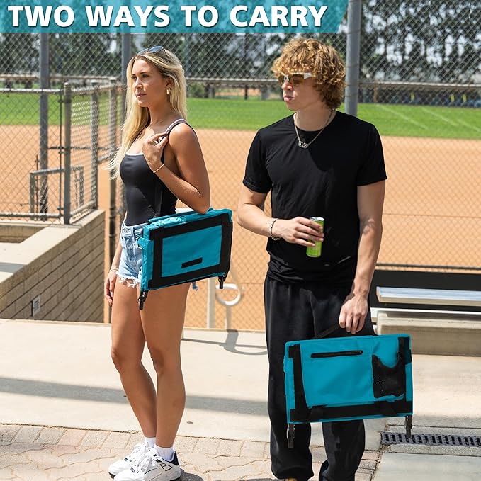 Stadium Seats for Bleachers with Back Support Bleacher Seat Soft Cushion Light Weight Includes Shoulder Strap & Cup Holder, Front & Back Zipper Pocket, Suitable for Sports Events,Cyan