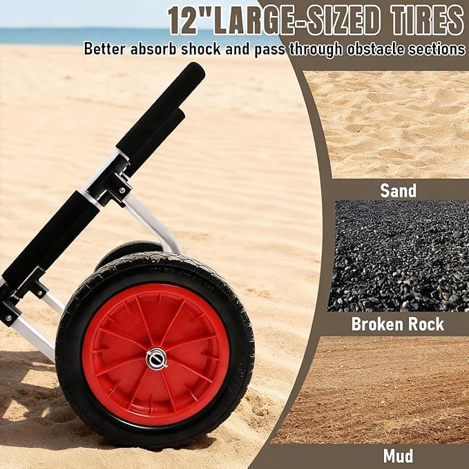 Heavy Duty Aluminum Kayak Cart, Adjustable Width Dolly with 470lb Weight Capacity and 12'' Solid Tires，Detachable Canoe Trolley Cart for Kayaks Canoes Paddleboards Float Mats Jon Boats