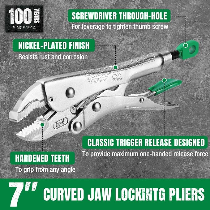 SK 7" Curved Jaw Locking Pliers, Vice Grips, Premium CR-V Steel