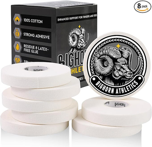 Bighorn Athletics Jiu Jitsu Finger Tape, Rock Climbing Tape | Multipurpose for Sports & Injuries: MMA, Volleyball, Football, Basketball, Tennis, Golf, Hands & Toes, 0.5-Inch x 45-feet, 8-Rolls, White