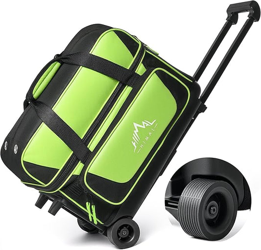 GoHimal Double Roller 2 Ball Bowling Bag with Separate Shoe Compartment for Bowling Shoes (Up To US Mens Size 15) and Oversized Accessory Pocket, Retractable Handle - Extends to 40"