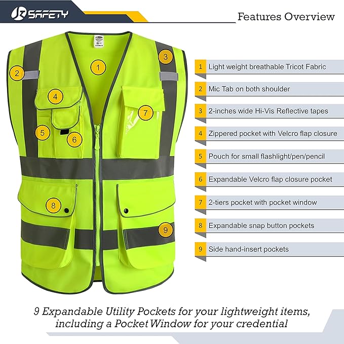 JKSafety 9 Pockets Class 2 High Visibility Zipper Front 6 Pack Safety Vest With Reflective Strips,Meets ANSI/ISEA Standard （155 Yellow M