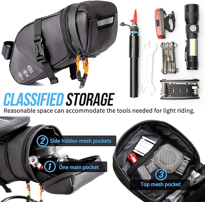 WOTOW Bike Saddle Bag - Waterproof Bike Seat Bag Expandable to 2L - Reflective Bicycle Under Seat Storage Pouch for Road Mountain Bike Cycling Travel