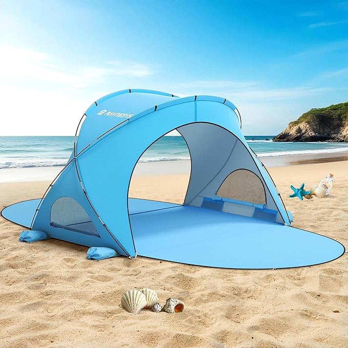 Beach Tent Sun Shelter, Sun Shelter for 1-4 Person, Beach Shade Tent, Beaches Shade with 2 Zippered Doors, Portable Tents for Camping Fishing, Blue
