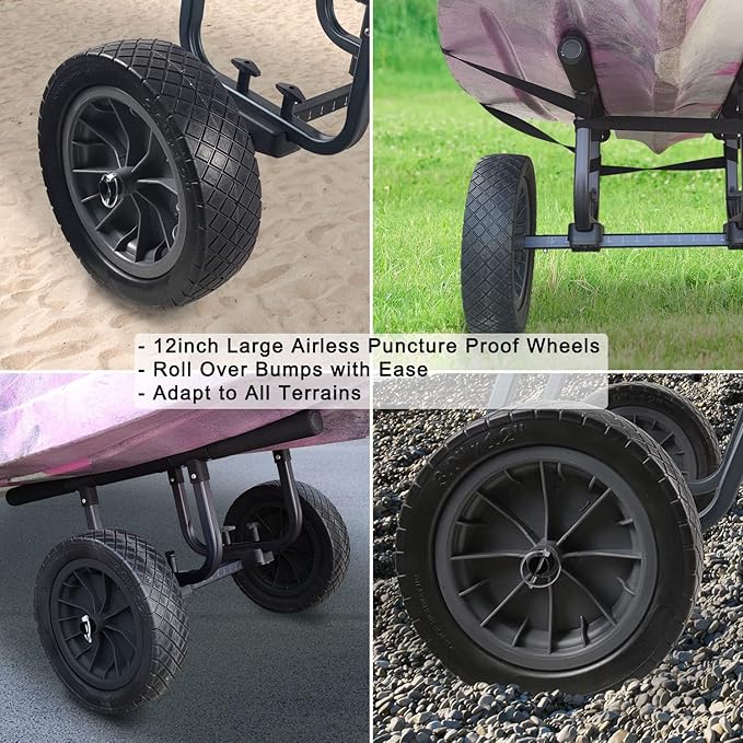 Heavy Duty Kayak Cart, Width Adjustable Canoe Cart with 12inch Flatfree Beach Wheels Boat Dolly Cart Transport Carrier