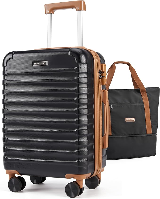 LIGHT FLIGHT スーツケースセット、機内持ち込み手荷物 22x14x9 航空会社承認済み、機内持ち込み旅行バッグ キャスター付きスーツケース、拡張可能ハードサイド軽量ローリング TSAロック付き 2点セット (DB/20)、ブラック/ブラウン