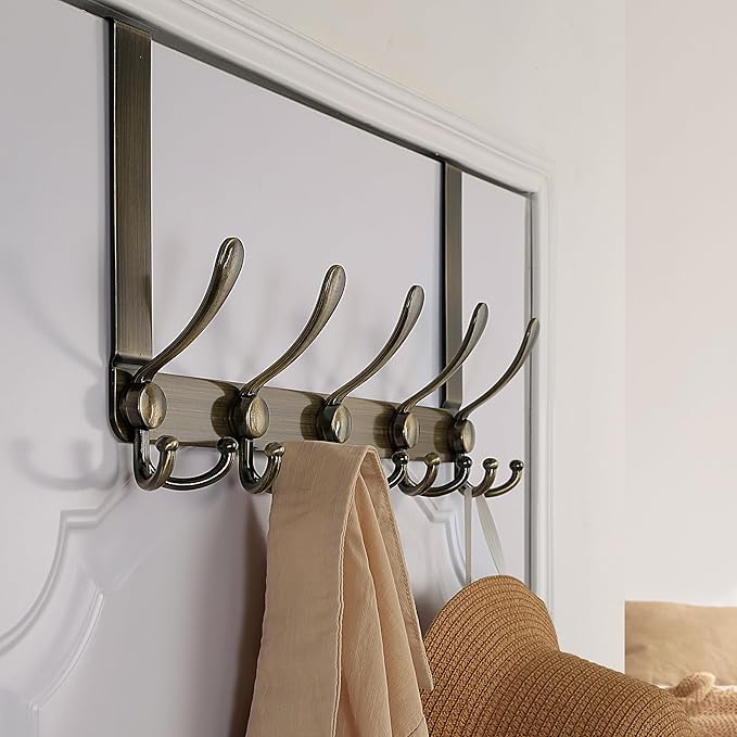 Dseap Over The Door Hook Hanger - Fits 1 3/8" to 1 3/4" Standard Doors | 5 Tri Hooks Heavy Duty Towel/Coat Rack | Door Organizer for Clothes, Jackets, Hats, Towels, Bronze, Pack of 2
