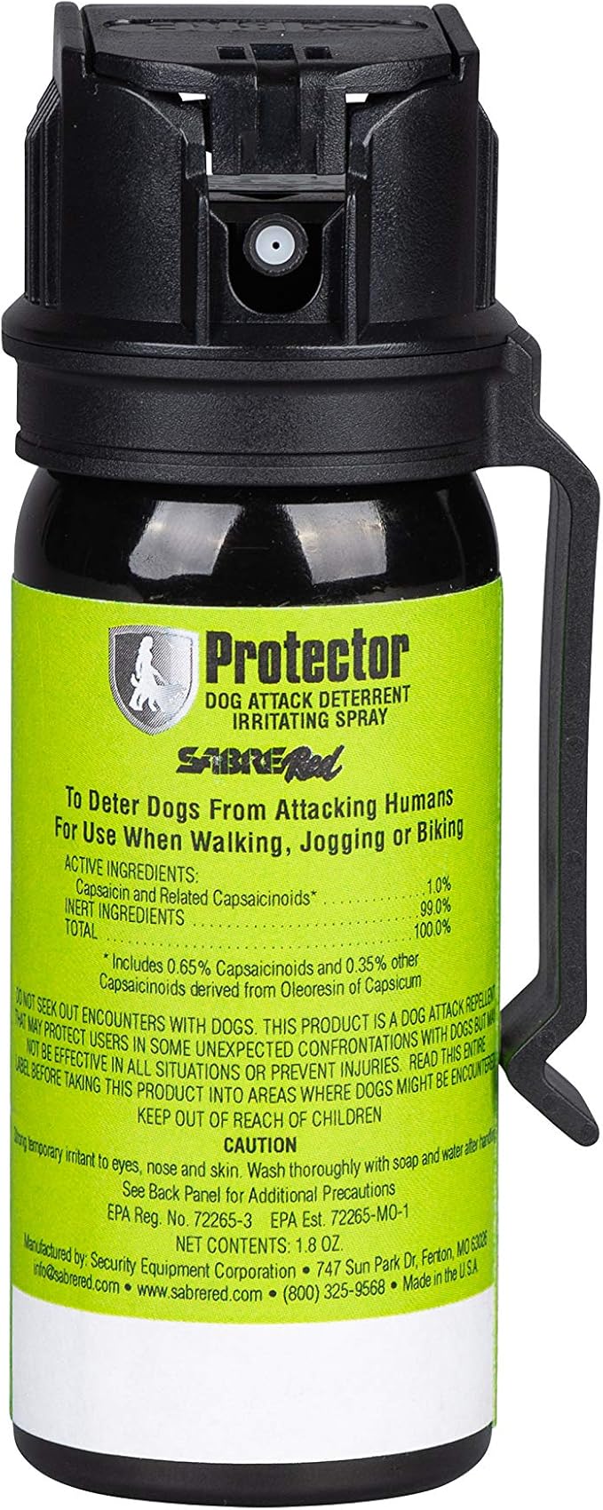 SABRE RED SABRE Protector Dog Pepper Spray & Belt Clip, Fast Flip Top Safety, 7 Bursts, 15-Foot (4.6-Meter) Range, Humane Dog Attack Deterrent, Max Strength Allowed By EPA for Self Defense, 1.8 fl oz