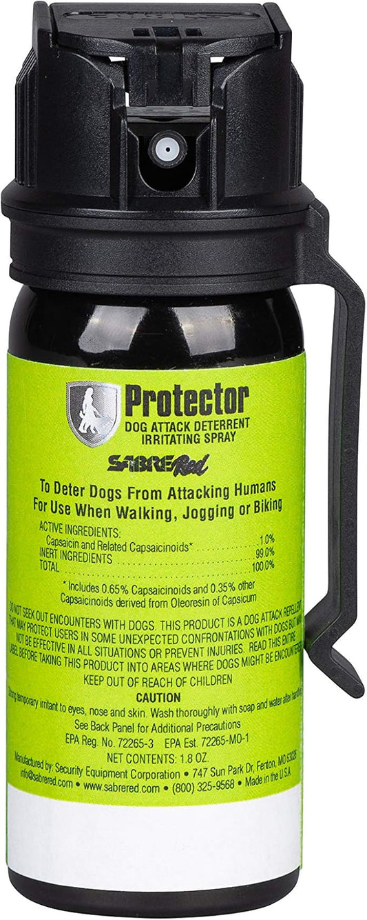 SABRE RED SABRE Protector Dog Pepper Spray & Belt Clip, Fast Flip Top Safety, 7 Bursts, 15-Foot (4.6-Meter) Range, Humane Dog Attack Deterrent, Max Strength Allowed By EPA for Self Defense, 1.8 fl oz