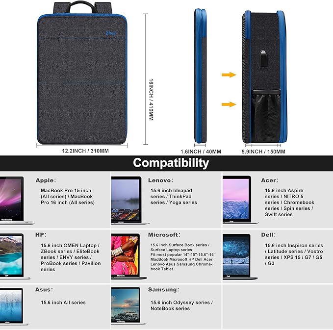 ZINZ Slim & Expandable Laptop Backpack 15 15.6 16 Inch Sleeve, Spill-Resistant Notebooks Bag Case for Most 14-16 Inch MacBooks Surface-Books Dell HP Lenovo Asus Computers,B01BL01