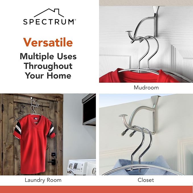Spectrum Stratford Chrome Over The Door Hook Valet for Hanging Clothes Towels Robes, Easy Hang Sturdy Steel Door Hanger for Closet Bedroom Bathroom Laundry Room Door, Fits Doors Up to 1.3” Thick
