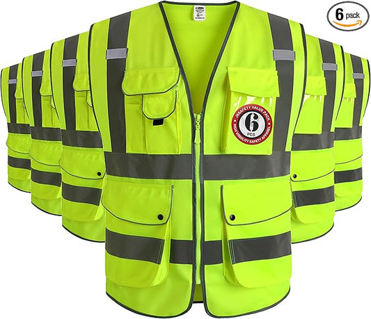 JKSafety 9 Pockets Class 2 High Visibility Zipper Front 6 Pack Safety Vest With Reflective Strips,Meets ANSI/ISEA Standard (155 Yellow XL)