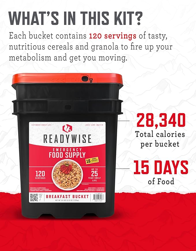 ReadyWise 非常食 – 120食分 朝食バケツ、フリーズドライ＆乾燥食品、バックパッキング、キャンプ用品、備蓄用品に最適なサバイバル食料キット、最長25年の保存期間
