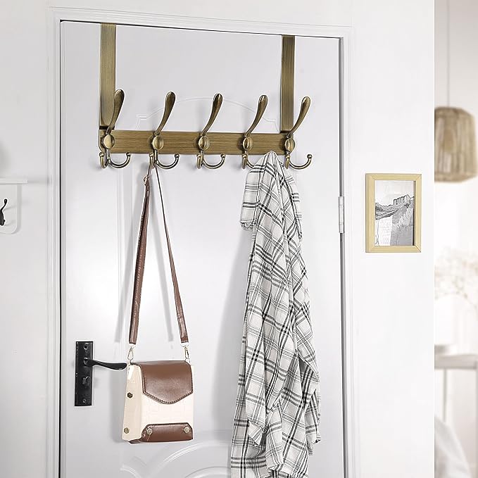 Dseap Over The Door Hook Hanger - Fits 1 3/8" to 1 3/4" Standard Doors | 5 Tri Hooks Heavy Duty Towel/Coat Rack | Door Organizer for Clothes, Jackets, Hats, Towels, Bronze, Pack of 2